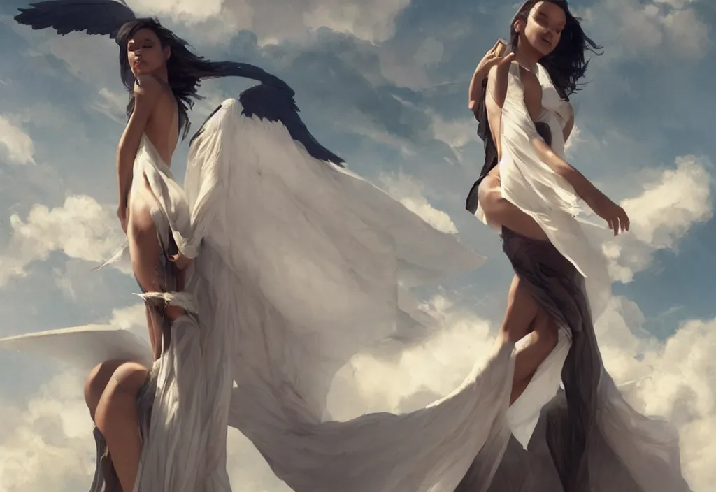 Prompt: cj miles instagram hottie with angel wings in a superherione pose, draped silk outfit flowing in the wind by greg rutkowski, by jeremy lipkinng, by artgerm, digital art, octane render