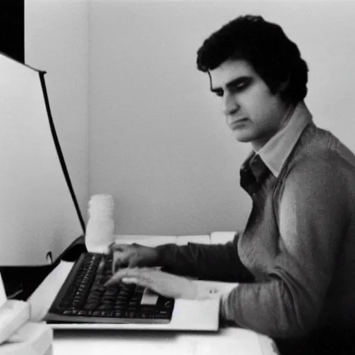 Prompt: old black and white photo, 1 9 7 8, depicting jacques derrida writing on a computer, historical record