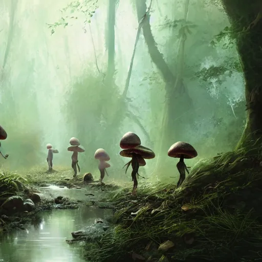 Image similar to tiny mushroom people with mushrooms for heads walking by a stream in a lush forest, dramatic lighting, illustration by Greg rutkowski, yoji shinkawa, 4k, digital art, concept art, trending on artstation