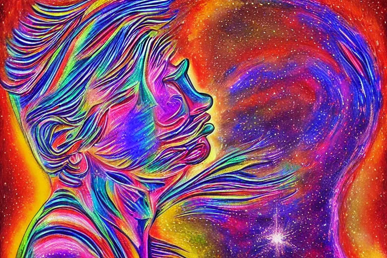 Image similar to digital art of a spiritual man looking up at the stars, glowing light, acrylic art, universe, painting, pastel colors, alex grey,