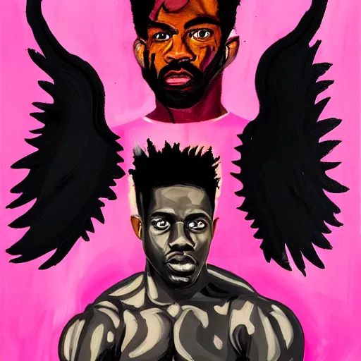 Image similar to A mirror selfie of a black handsome muscular man with white angel wings and black devil horns holding an iPhone, pitchfork, full body, pink background, abstract jean-Michel Basquiat oil painting with thick paint strokes, oil on canvas, aesthetic, y2k, intricately detailed artwork, trending on artstation