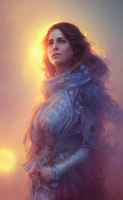 Prompt: the great beyond, sharp focus, intricate, elegant, digital painting, artstation, matte, highly detailed, concept art, illustration, volumetric lighting, gold and blue and pink color scheme, bokeh light, art by greg olsen and liz lemon swindle