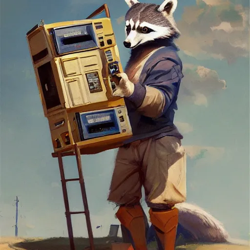 Prompt: greg manchess painting of a trash panda character, holding a box of cables and standing next to old electronic equiptment, medium shot, asymmetrical, profile picture, organic painting, sunny day, matte painting, bold shapes, hard edges, street art, trending on artstation, by huang guangjian and gil elvgren and sachin teng