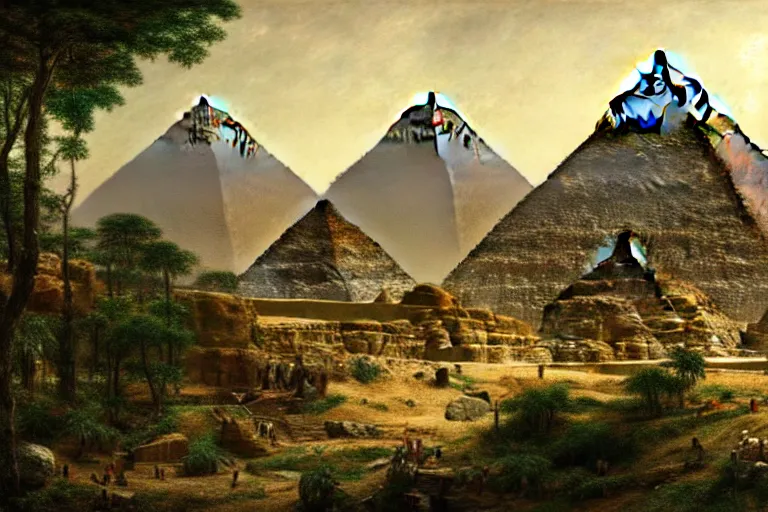 Prompt: a beautiful and highly detailed digital painting of a lost egyption pyramid in the centre of a massive lush mountainous jungle, intricate details, epic scale, hyperdetailed, hyperrealism, artstation, cgsociety, 8 k, sharp focus, by caspar friedrich, albert bierstadt, james gurney,