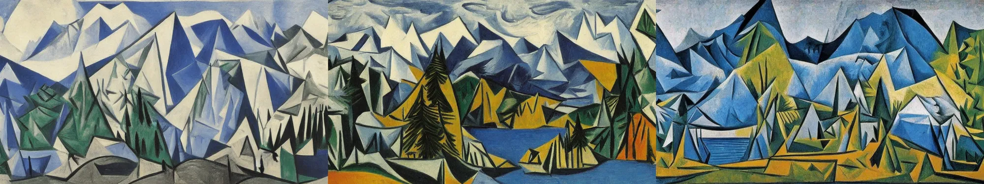 Prompt: mountains, trees, and lake, by pablo picasso