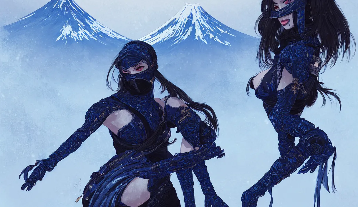 Image similar to portrait ninja gaiden girl, black and blue ninja wardrobe, at snowy fuji mountain sunrise, ssci - fi and fantasy, intricate and very very beautiful, detailed, digital painting, artstation, concept art, smooth and sharp focus, illustration, art by tian zi and wlop and alphonse mucha