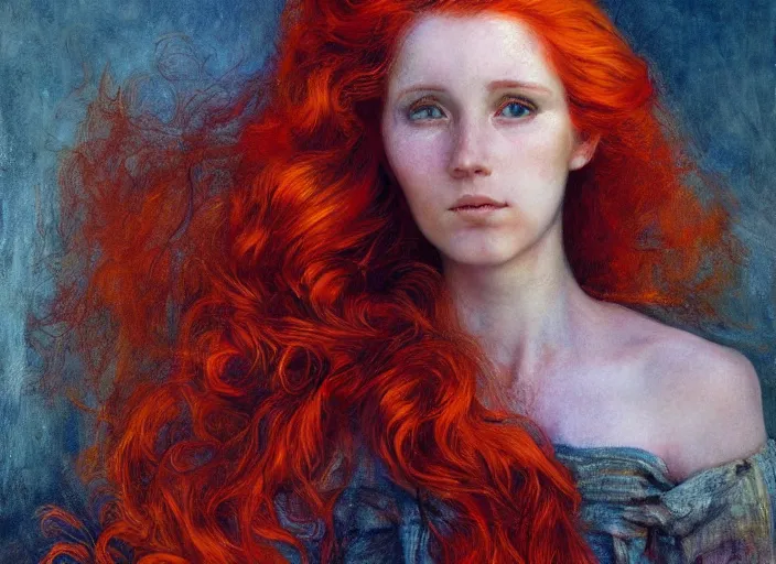 Prompt: a highly detailed beautiful portrait of woman with flaming fiery hair, james gurney, james jean