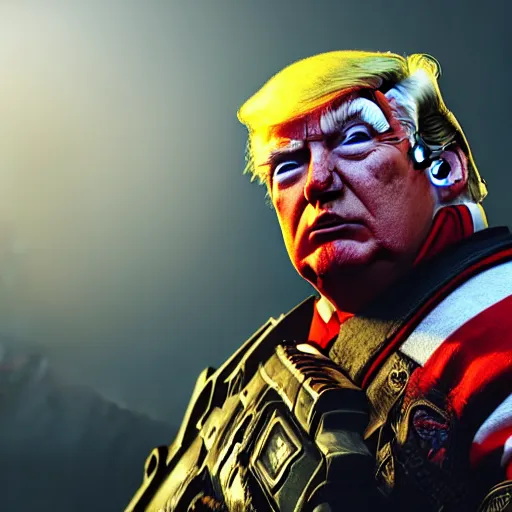 Image similar to portrait of donald trump as a clown in gears of war, splash art, movie still, cinematic lighting, ray tracing, octane render, long lens, shallow depth of field, bokeh, anamorphic lens flare, 8 k, hyper detailed, 3 5 mm film grain