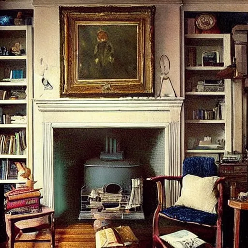 Prompt: (((((((knome house living room with blazing fireplace with books))))))) . muted colors. by Jean-Baptiste Monge !!!!!!!!!!!!!!!!!!!!!!!!!!!!!!!!!!!!!!!! ((((((((((((((((((watercolor sketch))))))))))))))))))