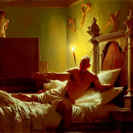 Image similar to the pope is in his bed, terrified, because a double horned shadow demon is in the wallpaper of the bedroom. highly detailed painting by gaston bussiere, greg rutkowski, craig mullins 8 k