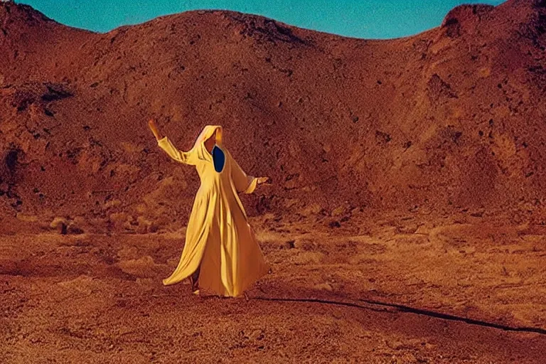 Prompt: levitating bene gesserit glowing woman with full - face golden mask in a dry rocky desert landscape, visible sky and sunny atmosphere, fata morgana giant mirrors, black star in the sky by alejandro jodorowsky and christopher doyle, anamorphic lens flares, kodakchrome, cinematic composition, practical effects, 8 k,