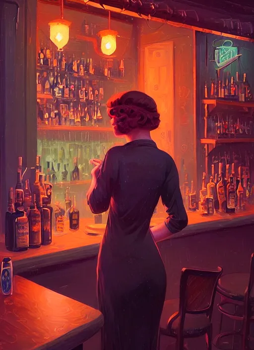 Prompt: character portrait of young woman as a beautiful barmaid, cozy dark crowded 1920s speakeasy tavern, dystopian 1920s soviet mood, intricate, wild, highly detailed, digital painting, artstation, concept art, smooth, sharp focus, illustration, art by Noah Bradley and Alena Aenami and Jeremiah Ketner and Dan Mumford, vibrant deep colors, 🍸, 8k octane beautifully detailed render, post-processing, extremely hyperdetailed, Art Nouveau, masterpiece, dizzy, foggy