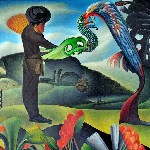 Image similar to high quality, high detail painting, dutch masterpiece, isamu noguchi, film noir, diego rivera, high garden scene with quetzalcoatl, hd, muted lighting