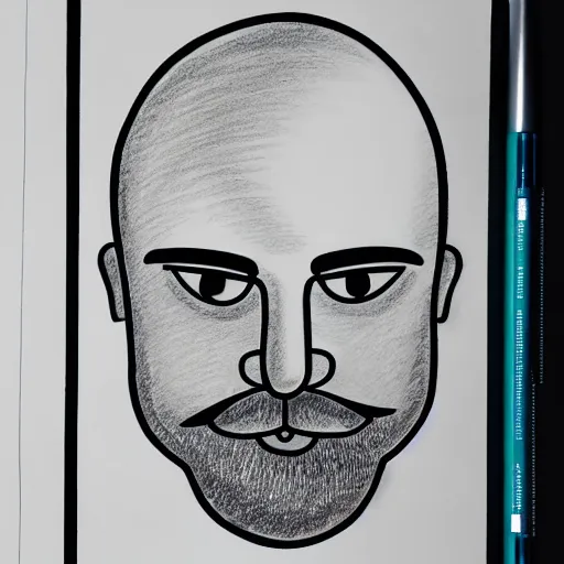 Image similar to hand - drawn minimalistic line portrait of bald man with round face, short beard, small round eyebrows, wide lips and kind blue eyes, black and white, pictogram, ink, pencil