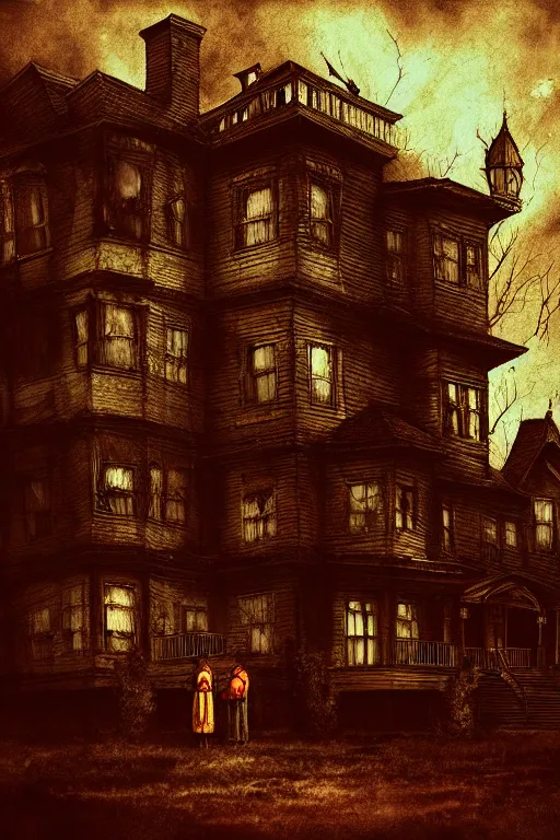 Prompt: an unsettling old colored family photograph, anxious people standing in a large haunted house, phantom ghosts in the background, cinematic, horror, photorealistic, vintage, artstation, painterly, expressive