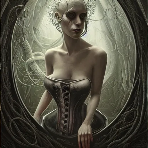 Prompt: by Tom Bagshaw, ultra realist soft painting of lovecraft and giger world of curiosities, single hybrid female monster in a corset, tentacles, partial symmetry accurate features, very intricate details, focus, curvy, award winning, ultra dense fog