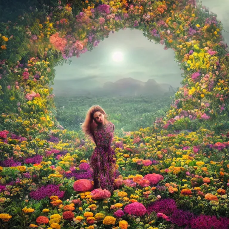 Image similar to a planet of various flowers, fungus and plants, in which the singular human figure is dressed in something magical and impressive, inside the picture is infinity, sunset light, Atmospheric phenomenon, artistic photography, muted colors, conceptual, long exposure outside the city, volumetric light