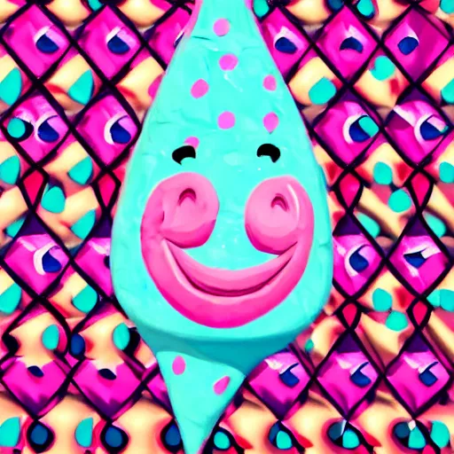 Image similar to happy smiling pink ice cream cone, blue waffle cone digital painting, intricate, high definition