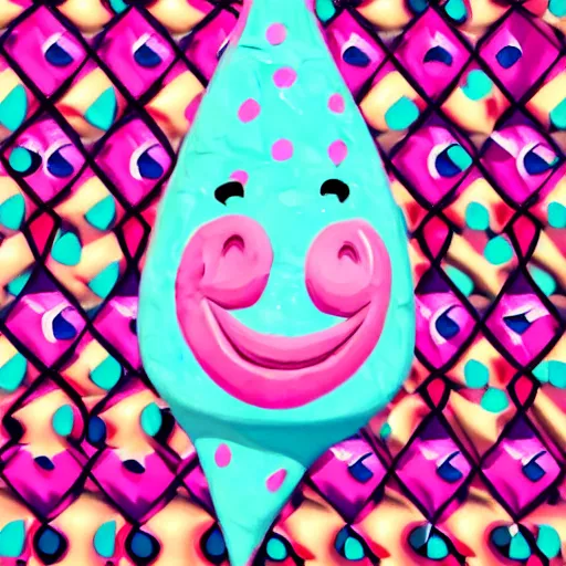 Prompt: happy smiling pink ice cream cone, blue waffle cone digital painting, intricate, high definition