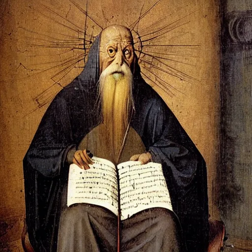 Image similar to portrait of an old wise wizard man in an ancient robe, art by hieronymus bosch