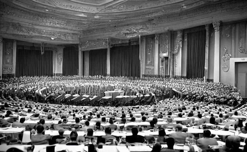 Image similar to 60s movie still of a CCCP congress with soviet flags and many soviet general stanilist style palace interior, by Irving Penn , cinestill 800t 35mm black and white, heavy grainy picture, very detailed, high quality, 4k, HD criterion, precise texture