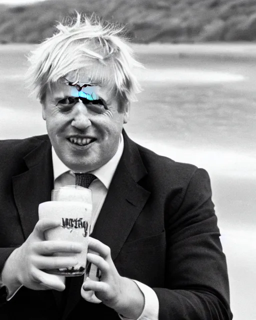 Image similar to film still close - up shot of boris johnson on the beach and drinking a beer with chocolate biscuits from the movie monty python's the meaning of life. photographic, photography