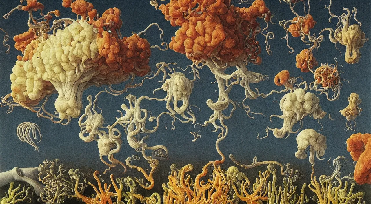 Prompt: a single colorful! lovecraftian fungus white! clear empty sky, a high contrast!! ultradetailed photorealistic painting by jan van eyck, audubon, rene magritte, agnes pelton, max ernst, walton ford, andreas achenbach, ernst haeckel, hard lighting, masterpiece