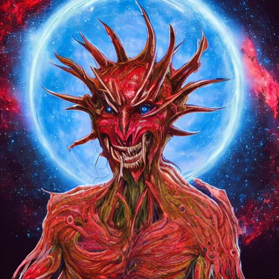 Image similar to a realistic photograph of a cosmic deity of chaotic blood wars embodied in the offspring of evil gods incarnate so they may feed on the broken souls of the empty shells of the created humans made for one thing but to be soulfood for the wicked damn