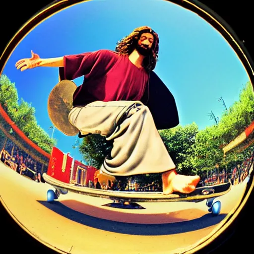 Image similar to fisheye lens, jesus doing a kickflip, skateboarding, 90's, vhs,