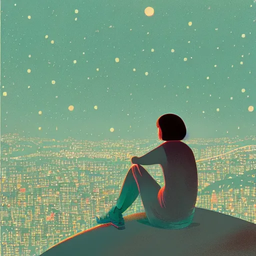 Prompt: a girl sitting on a hill watching the night view of a busy city from a distance, by Victo Ngai, artstation, Detail, HD