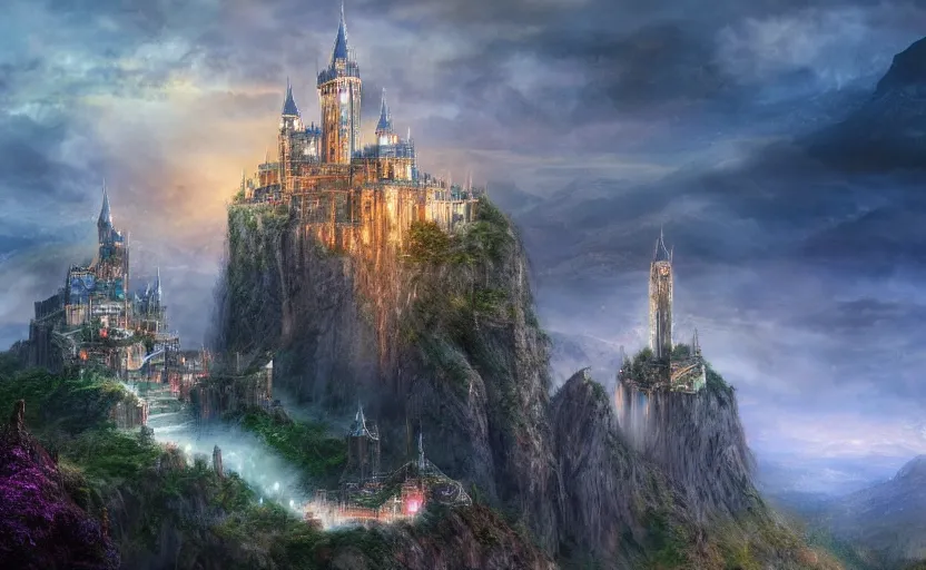 Prompt: beautiful secret city of the elves gondolin on top of a mountain, magical gloomy mystical. by konstantin razumov, fractal flame, chiaroscuro, highly detailded, mech robot