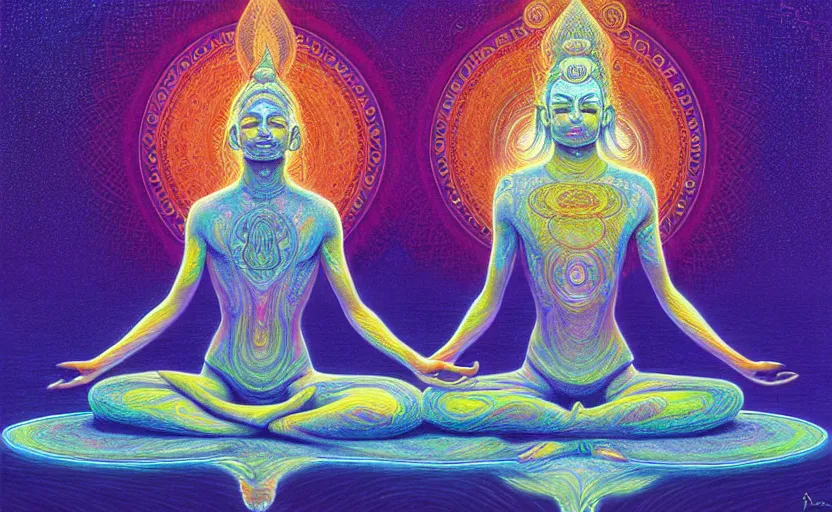 Prompt: psychedelic yogi meditating in the lotus position, levitating over reflecting pool hd by Greg rutkowski and Alex grey