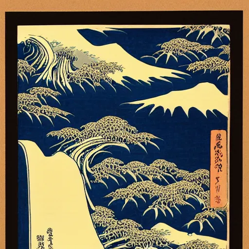 Image similar to “ white cliffs of dover in the style of a woodblock print by the japanese ukiyo - e artist hokusai ”