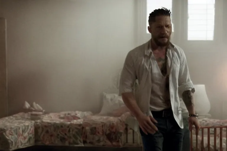 Prompt: film still of Tom Hardy as Max Payne in a dark dream next to a baby crib in the Max Payne movie, 4k