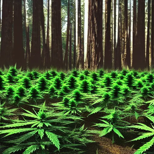 Image similar to a forest of marijuana plants the size of coastal redwood trees 4 k photorealism hd