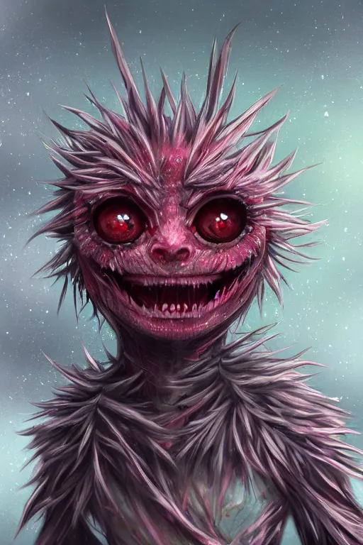 Image similar to a humanoid figure dandelion raspberry monster, large eyes and menacing smile, highly detailed, digital art, sharp focus, trending on art station, anime art style