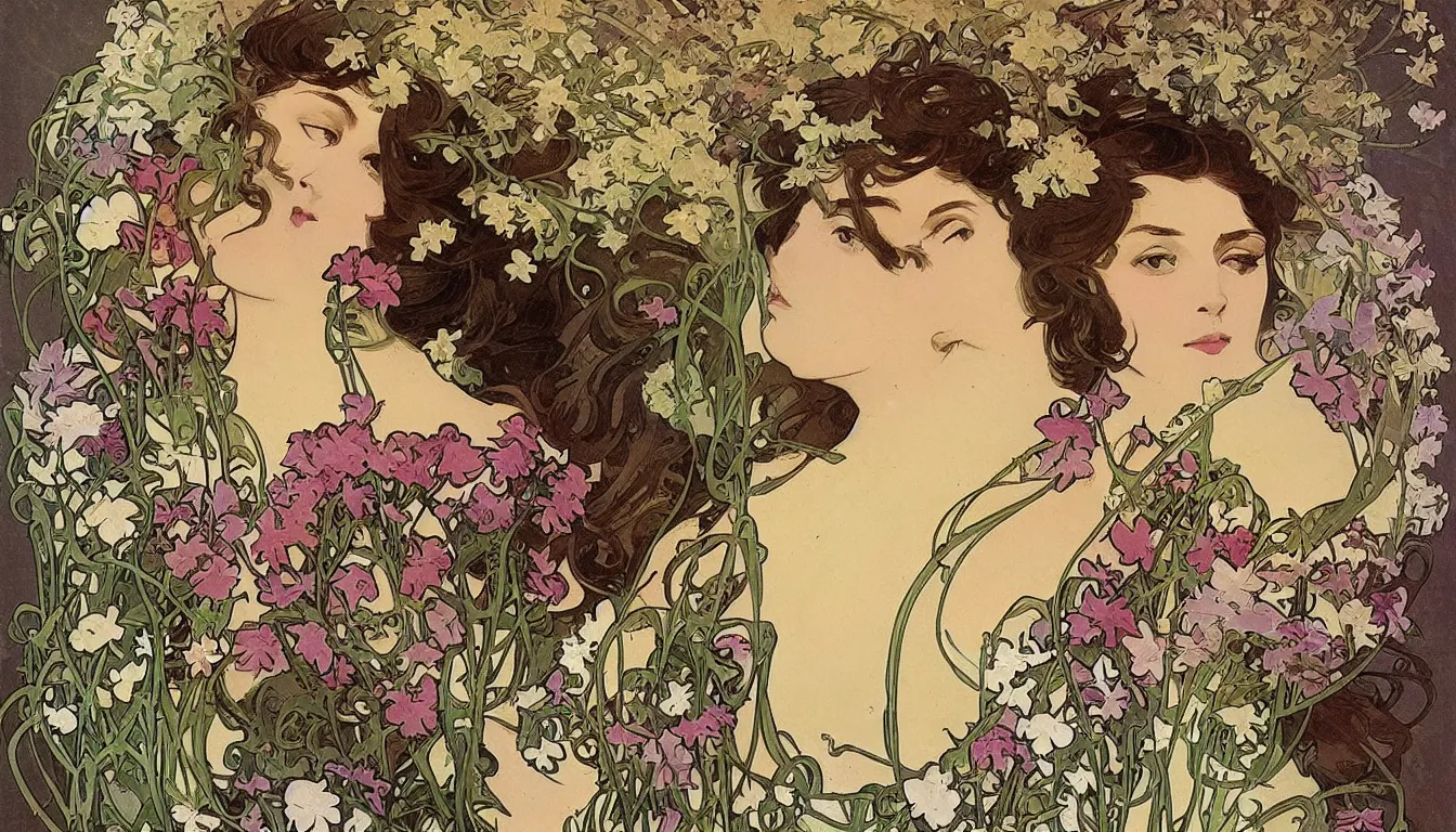 Prompt: beautiful woman with a head made from a bouquet of flowers by alphonse mucha