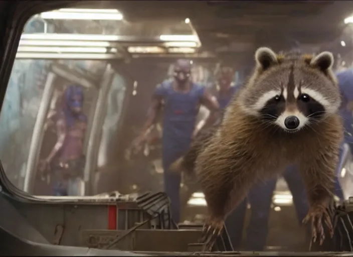 Prompt: film still of Rocket Racoon working in an ice cream truck in the new Guardians of the Galaxy movie, 4k