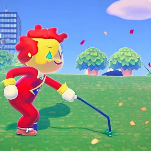 Prompt: ronald mcdonald fights a can of la croix, screenshot from animal crossing