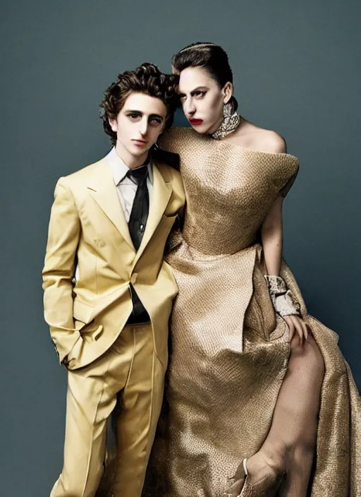 Prompt: lady gaga and timothee chalamet styled by annie leibovitz, posing, old hollywood themed, classy, glamour, full body shot, set pieces, intricate set, vogue magazine, canon, highly realistic. high resolution. highly detailed. dramatic. 8 k. 4 k.