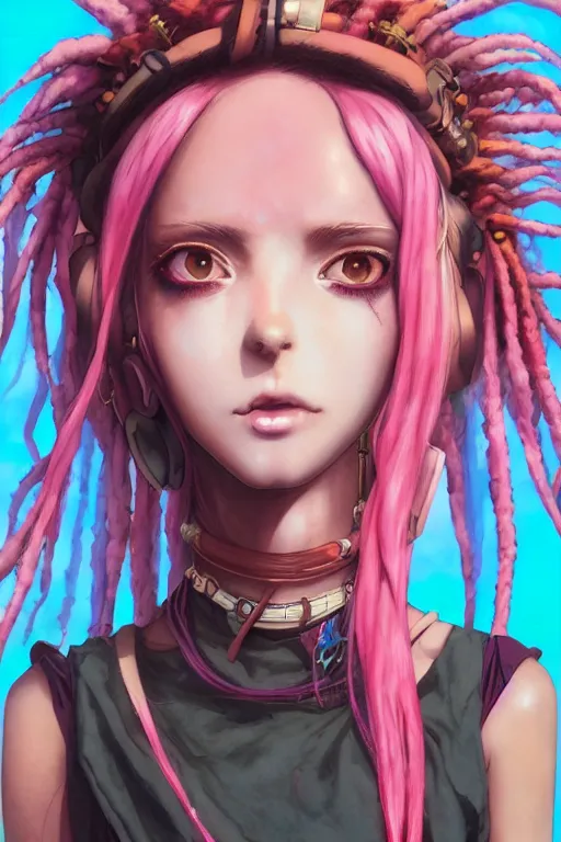 Image similar to portrait of an anime manga hippie girl with pink and brown dreads, straight on portrait, by artgerm, james jean, tom bagshaw, gerald brom, vaporwave colors, lofi colors, vaporwave, lofi, goth vibe, 4 k, smooth, hd, substance designer render, symmetrical,