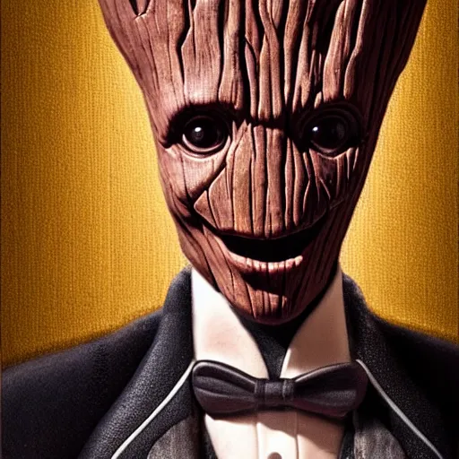 Prompt: realistic groot as a gentleman wearing tuxedo drinking wine, 1 0 0 mm, trending on artstation, behance, photorealistic, movie shot, studio lighting, 8 k