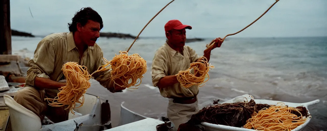 Image similar to fisherman pulling up a fresh catch of spaghetti from the ocean, canon 5 0 mm, cinematic lighting, photography, wes anderson, film, kodachrome