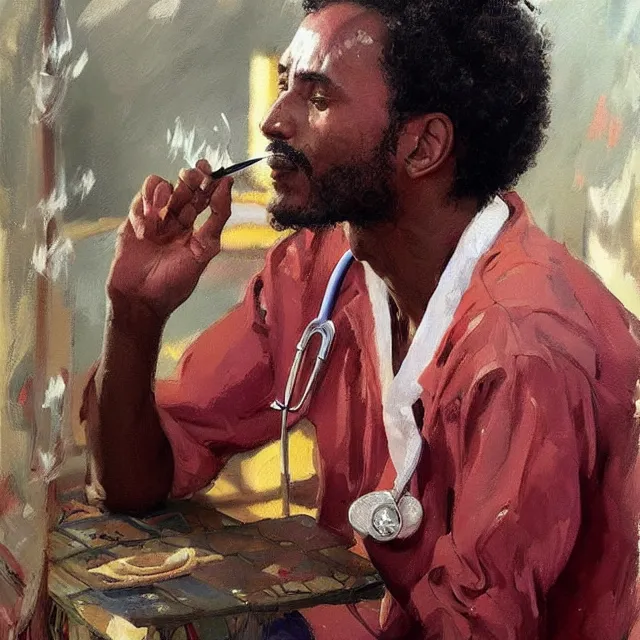 Prompt: an ethiopian male as a doctor smoking a cigarette, surrounded by beautiful women, portrait, elegant, intricate, digital painting, artstation, concept art, smooth, sharp focus, illustration, art by konstantin korovin and daniel f. gerhartz and john howe