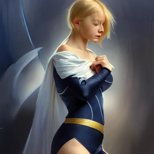 Image similar to a beautiful portrait of a beautiful cute young superhero woman, shoulder - length blonde hair, tight solid matte navy blue lycra bodysuit, white cape, intricate, elegant, 8 k, highly detailed, digital painting, concept art, smooth, sharp focus, illustration, by artgerm greg rutkowski alphonse mucha loish wlop