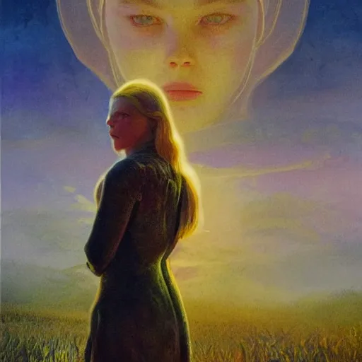 Image similar to Elle Fanning in the painted world of Bruce Pennington, head and shoulders masterpiece, apocalypse, golden hour, cosmic horror, artstation, in the style of Andrew Wyeth and Edward Hopper and Bosch, extremely detailed