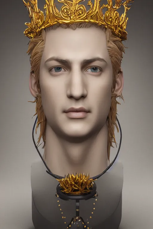 Prompt: a realistic porcelain full-head baroque style bust of handsome young seductive Spanish prince with a spiky hair, wearing a crown made out of woven pipe cleaners, suspended in outer space, photorealism, octane render, depth of field, 8k, 35mm, artgem, Trending on artstation