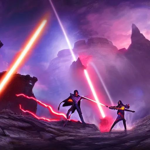 Prompt: a duel between 2 jedis standing in the ruins of crux prime, destroyed monastery, purple fiery maelstrom in the distance, digital art, artstationhq