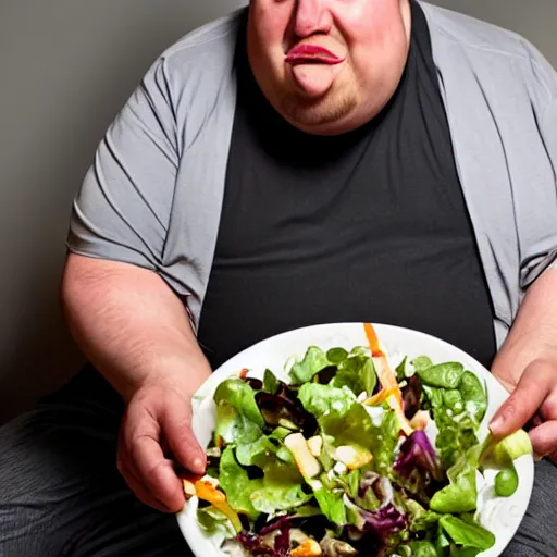 Prompt: a morbidly obese man begrudgingly eating a salad,