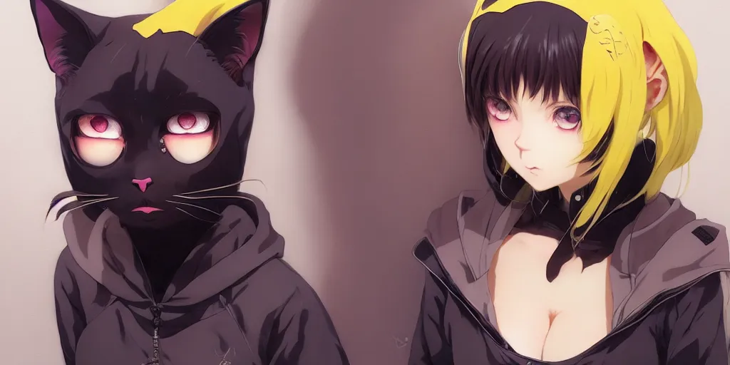 Prompt: with yellow eyes, a beautiful anime cyborg - girl wearing a cat hoodie, wlop, ilya kuvshinov, artgerm, krenz cushart, greg rutkowski, hiroaki samura, range murata, james jean, katsuhiro otomo, erik jones, serov, surikov, vasnetsov, repin, kramskoi